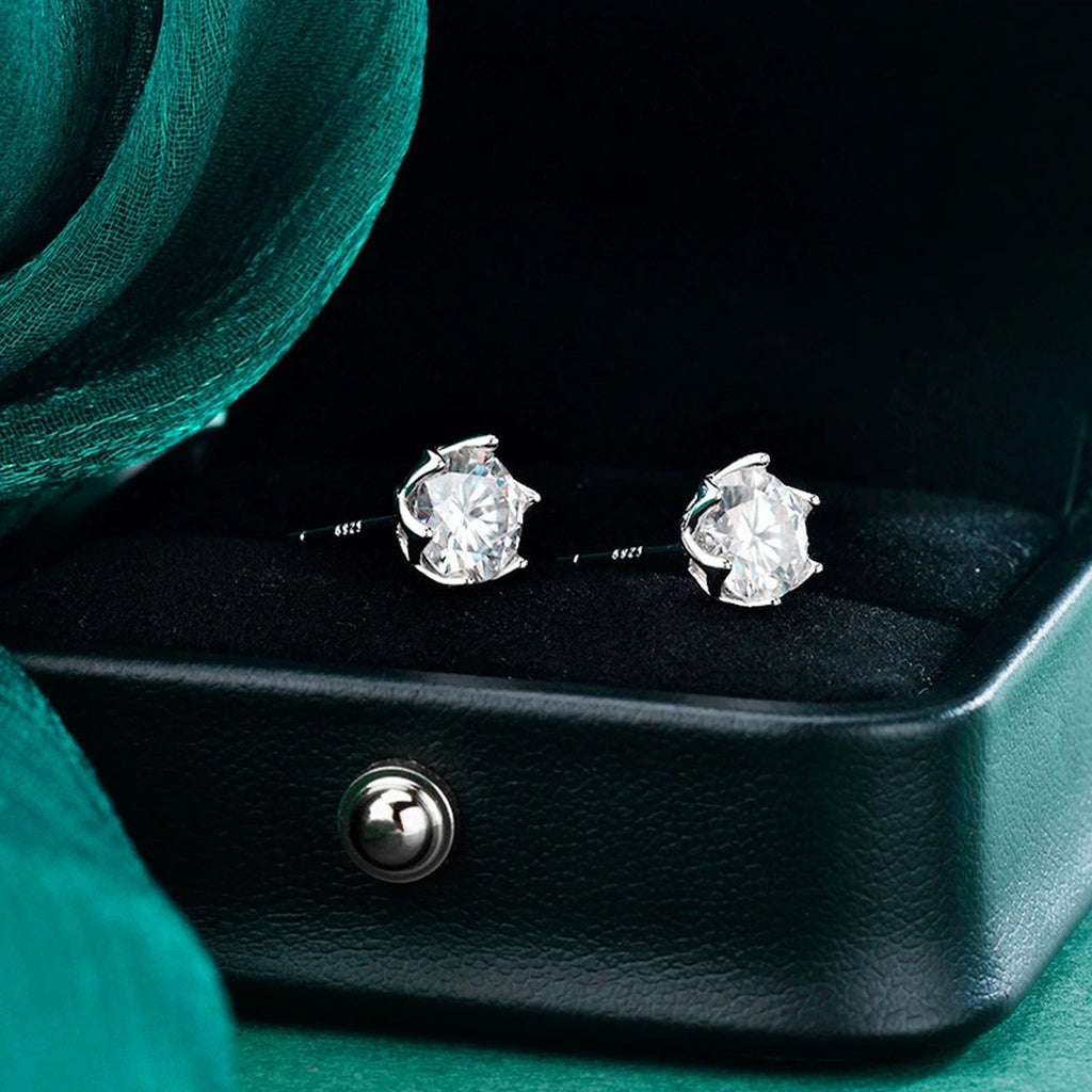 Six-Prong Round Moissanite Solitaire Stud Earrings in Gold-Plated S925 sterling silver product scene view showing side profile