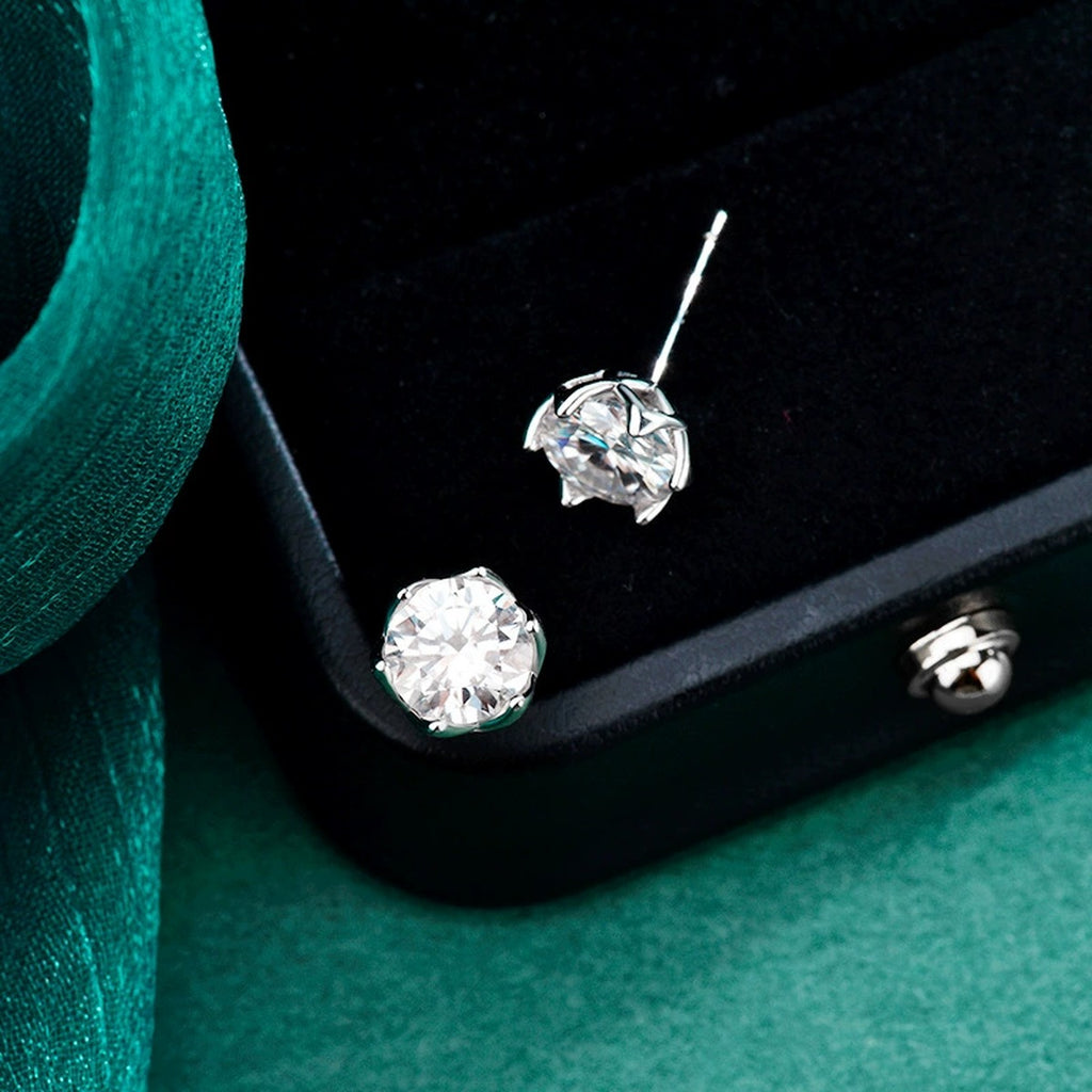 Six-Prong Round Moissanite Solitaire Stud Earrings in Gold-Plated S925 sterling silver product scene view showing pair comparison