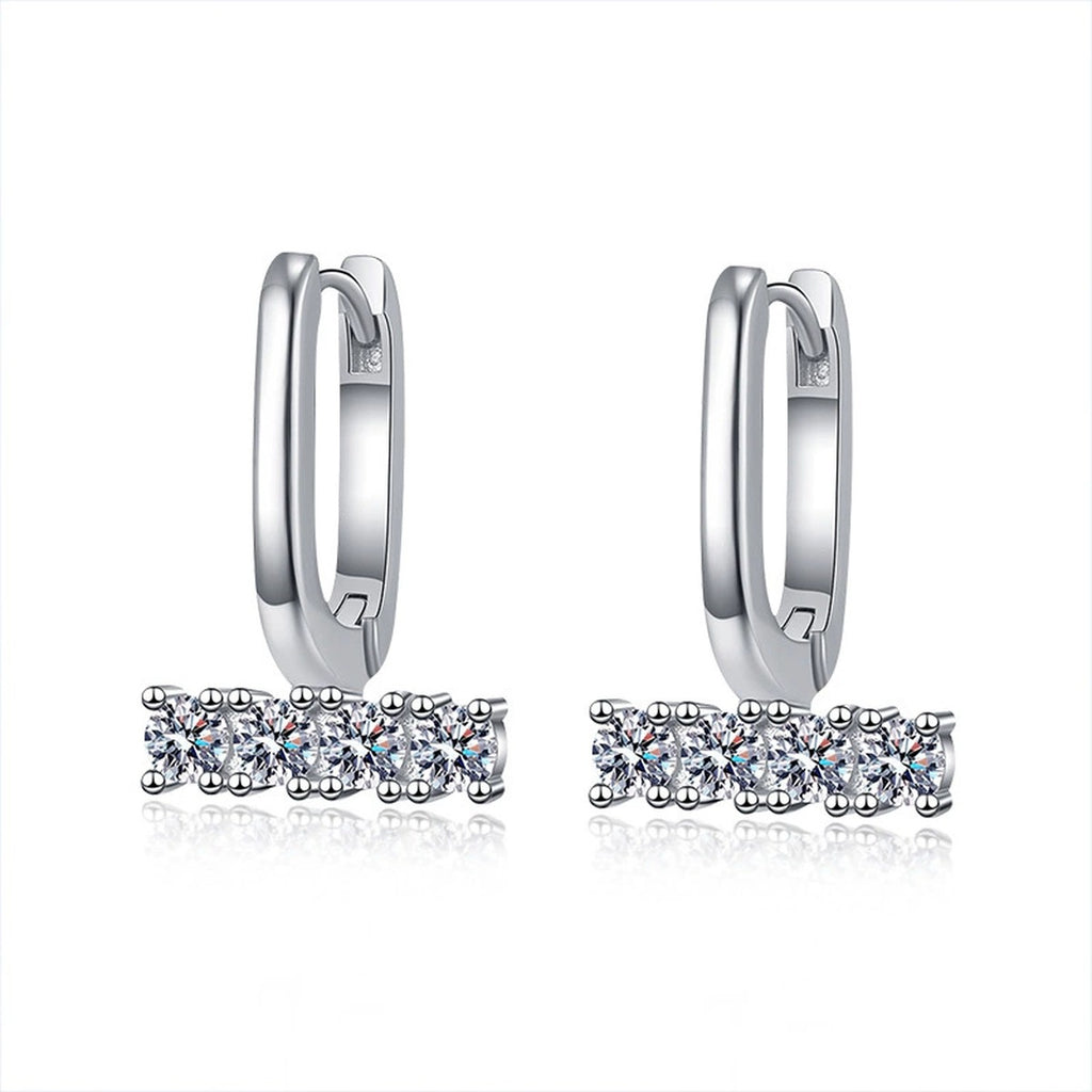 Round Moissanite Hoop Drop Earrings in White Gold-Plated S925 sterling silver white background product photo showing the pair, stone shape, and hoop drop earrings silhouette