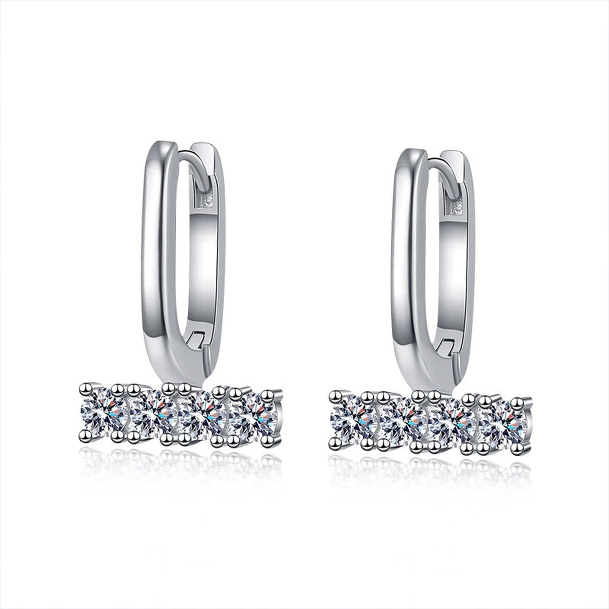 Round Moissanite Hoop Drop Earrings in White Gold-Plated S925 sterling silver white background product photo showing the pair, stone shape, and hoop drop earrings silhouette