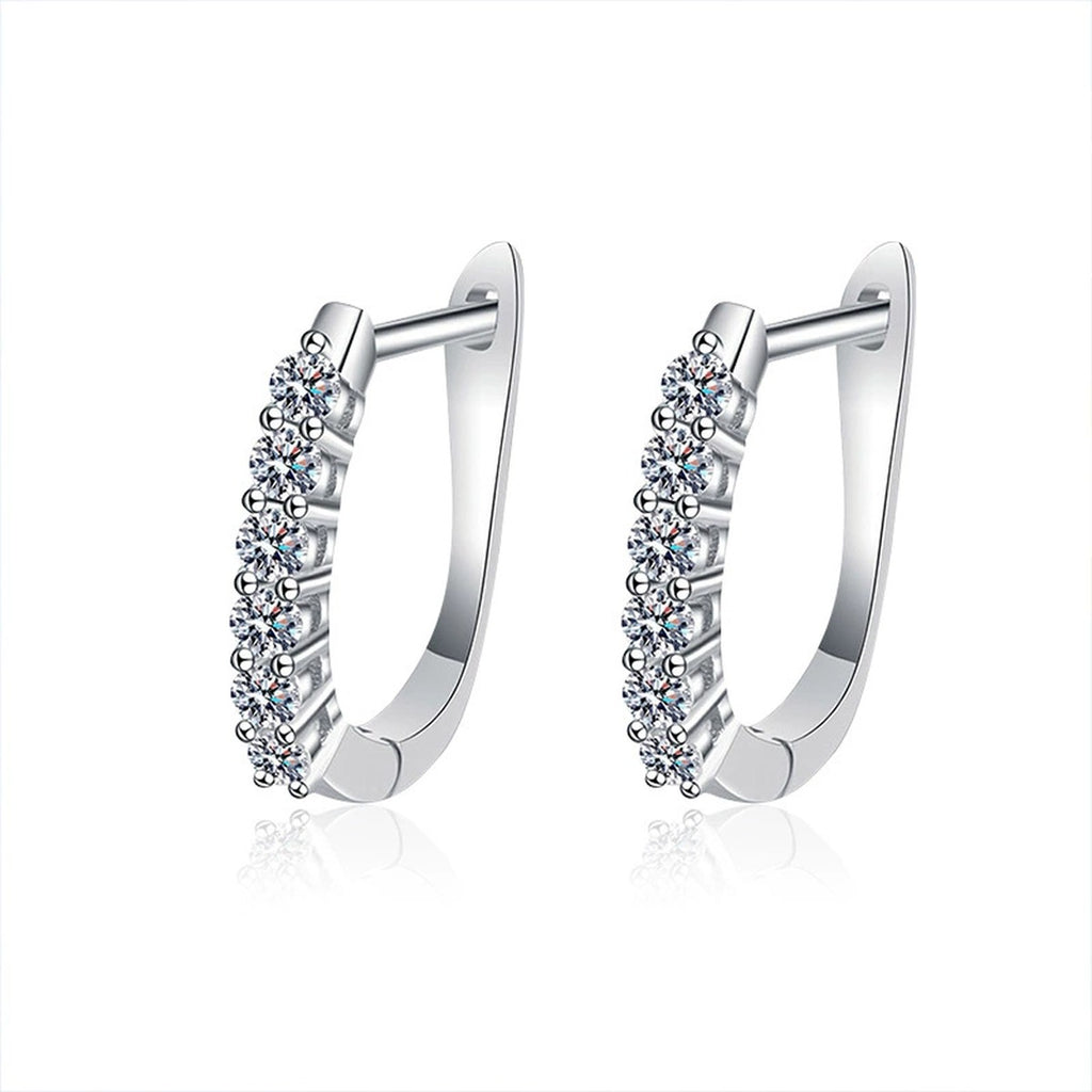 Round Moissanite Hoop Earrings in White Gold-Plated S925 sterling silver white background product photo showing the pair, stone shape, and hoop earrings silhouette