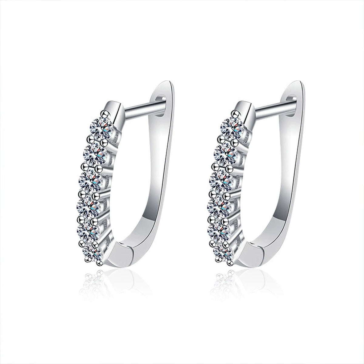 Round Moissanite Hoop Earrings in White Gold-Plated S925 sterling silver white background product photo showing the pair, stone shape, and hoop earrings silhouette