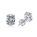Oval Moissanite Four-Prong Stud Earrings in White Gold-Plated S925 sterling silver white background product photo showing the pair, stone shape, and stud earrings silhouette