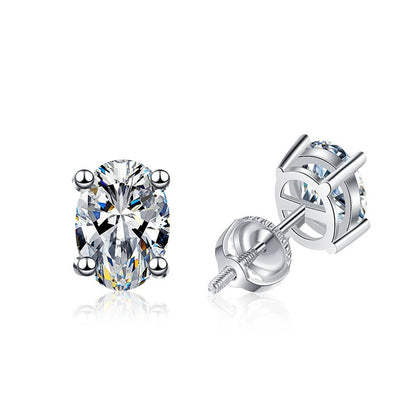 Oval Moissanite Four-Prong Stud Earrings in White Gold-Plated S925 sterling silver white background product photo showing the pair, stone shape, and stud earrings silhouette