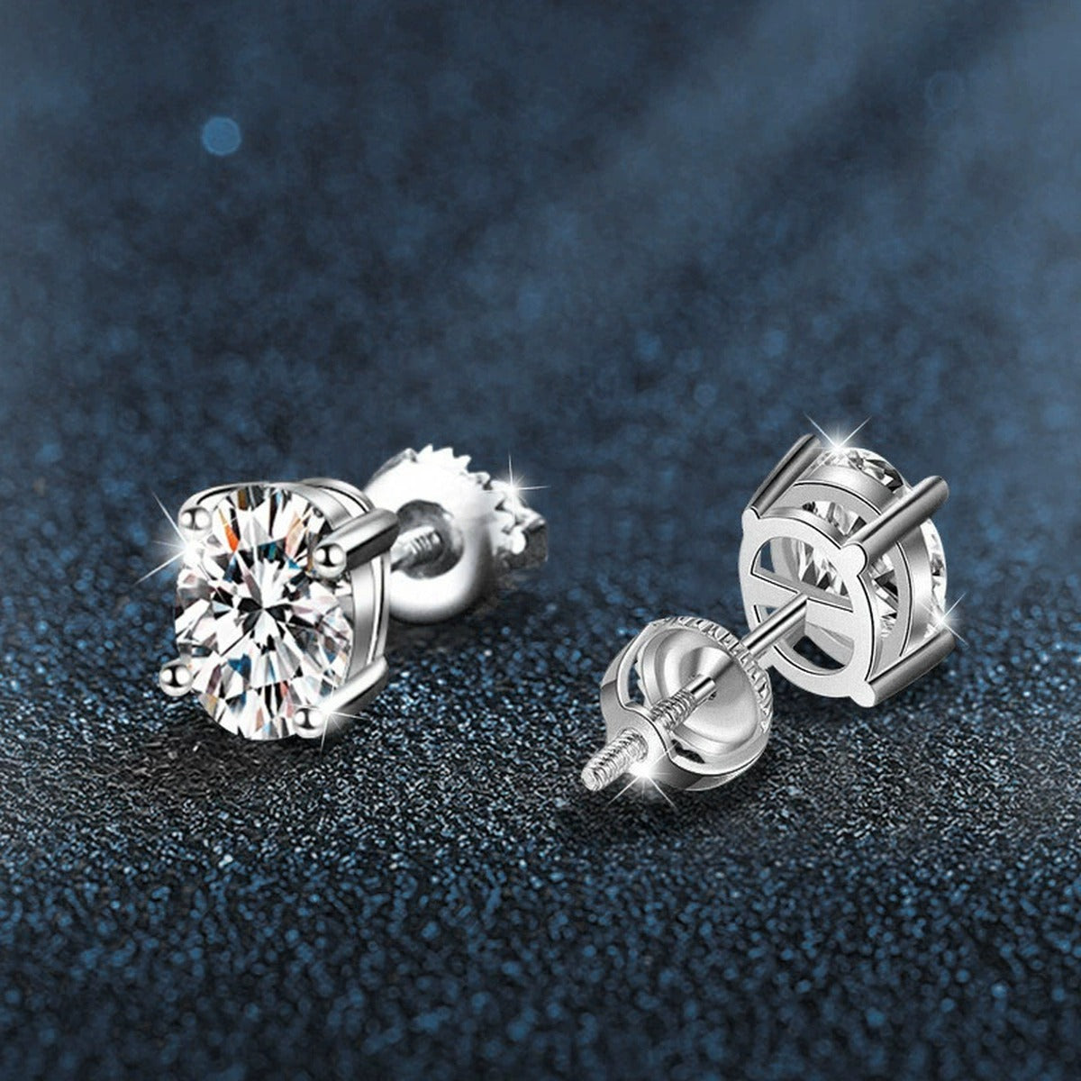 Oval Moissanite Four-Prong Stud Earrings in White Gold-Plated S925 sterling silver product scene view showing angled setting detail