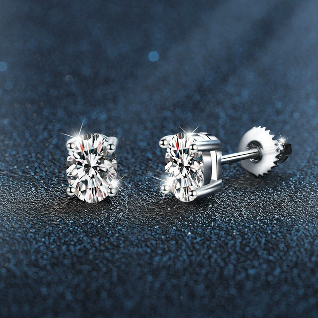 Oval Moissanite Four-Prong Stud Earrings in White Gold-Plated S925 sterling silver product scene view showing side profile