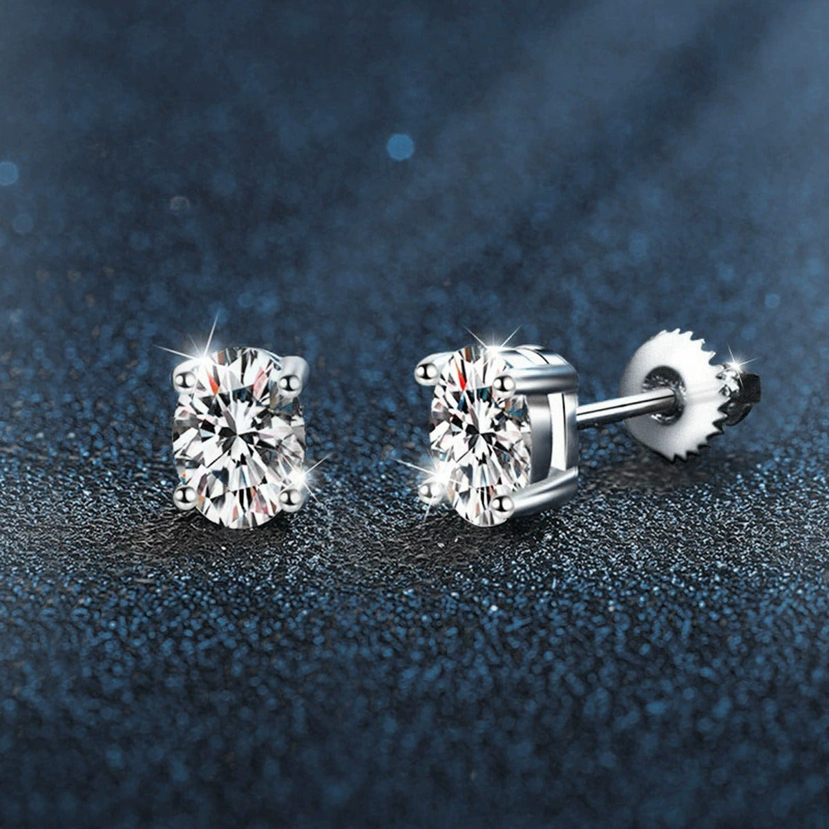 Oval Moissanite Four-Prong Stud Earrings in White Gold-Plated S925 sterling silver product scene view showing side profile