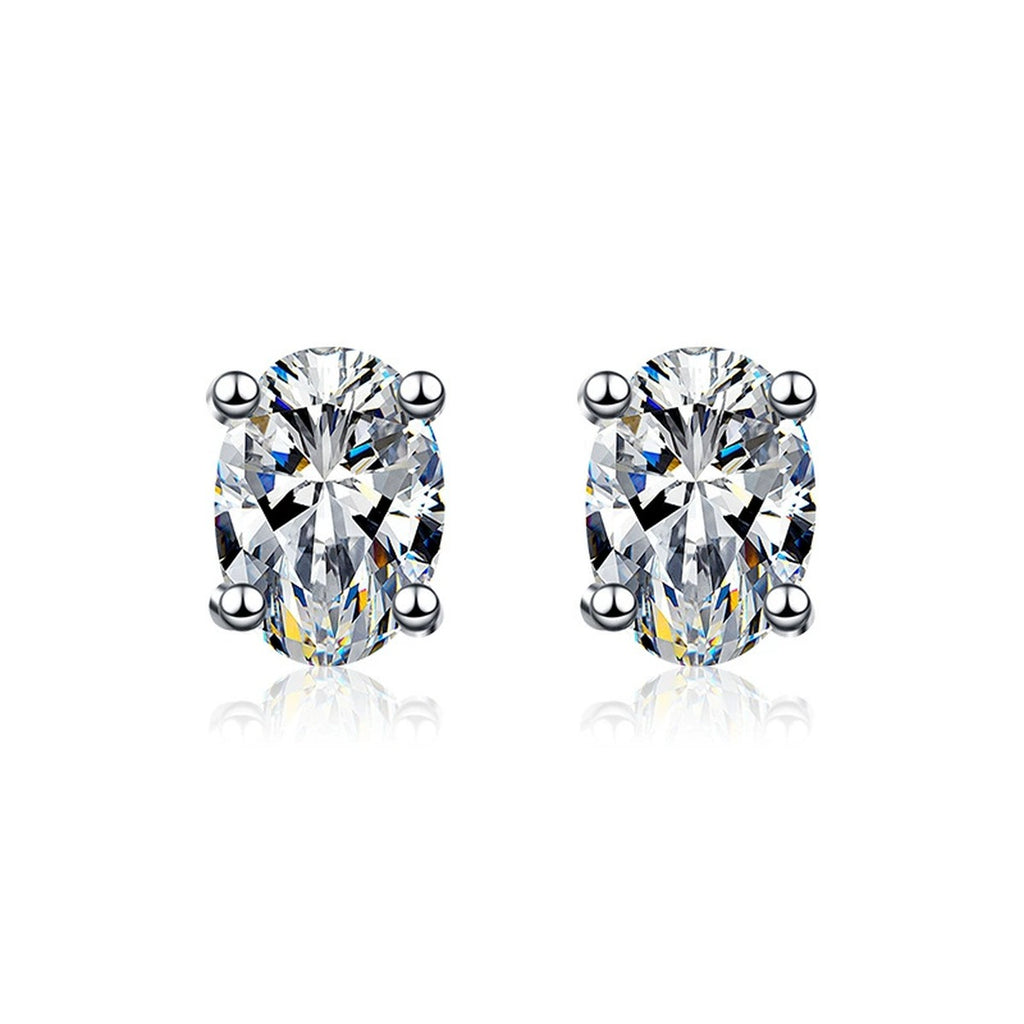 Oval Moissanite Four-Prong Stud Earrings in White Gold-Plated S925 sterling silver product scene view showing pair comparison