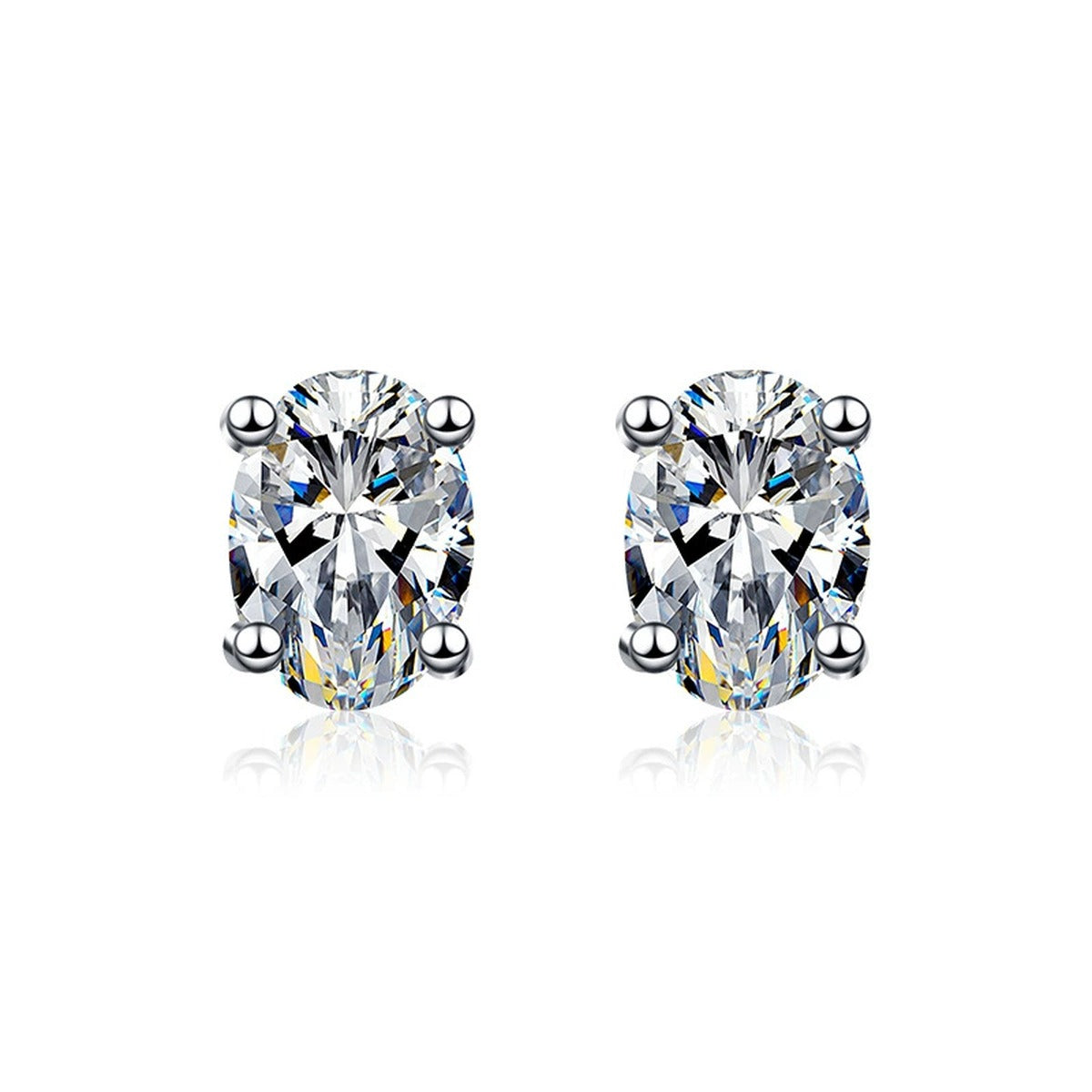 Oval Moissanite Four-Prong Stud Earrings in White Gold-Plated S925 sterling silver product scene view showing pair comparison