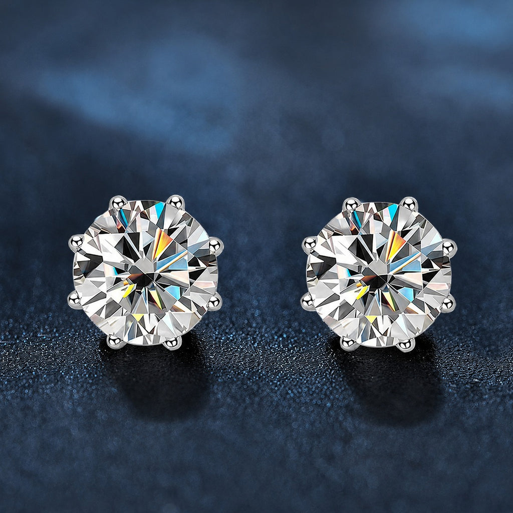 Eight-Prong Round Moissanite Solitaire Stud Earrings in Gold-Plated S925 sterling silver product scene view showing front sparkle