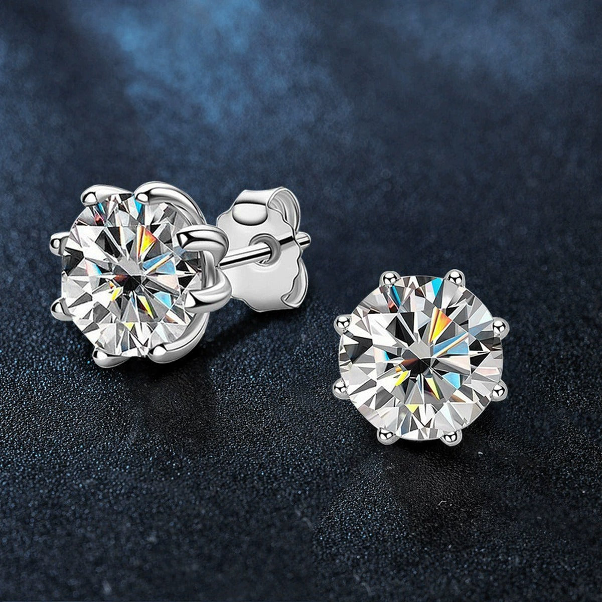 Eight-Prong Round Moissanite Solitaire Stud Earrings in Gold-Plated S925 sterling silver product scene view showing angled setting detail