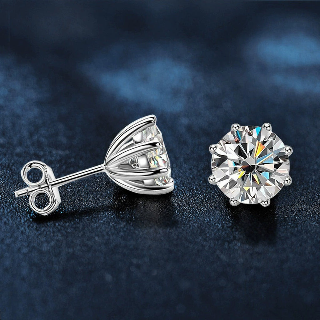 Eight-Prong Round Moissanite Solitaire Stud Earrings in Gold-Plated S925 sterling silver product scene view showing side profile