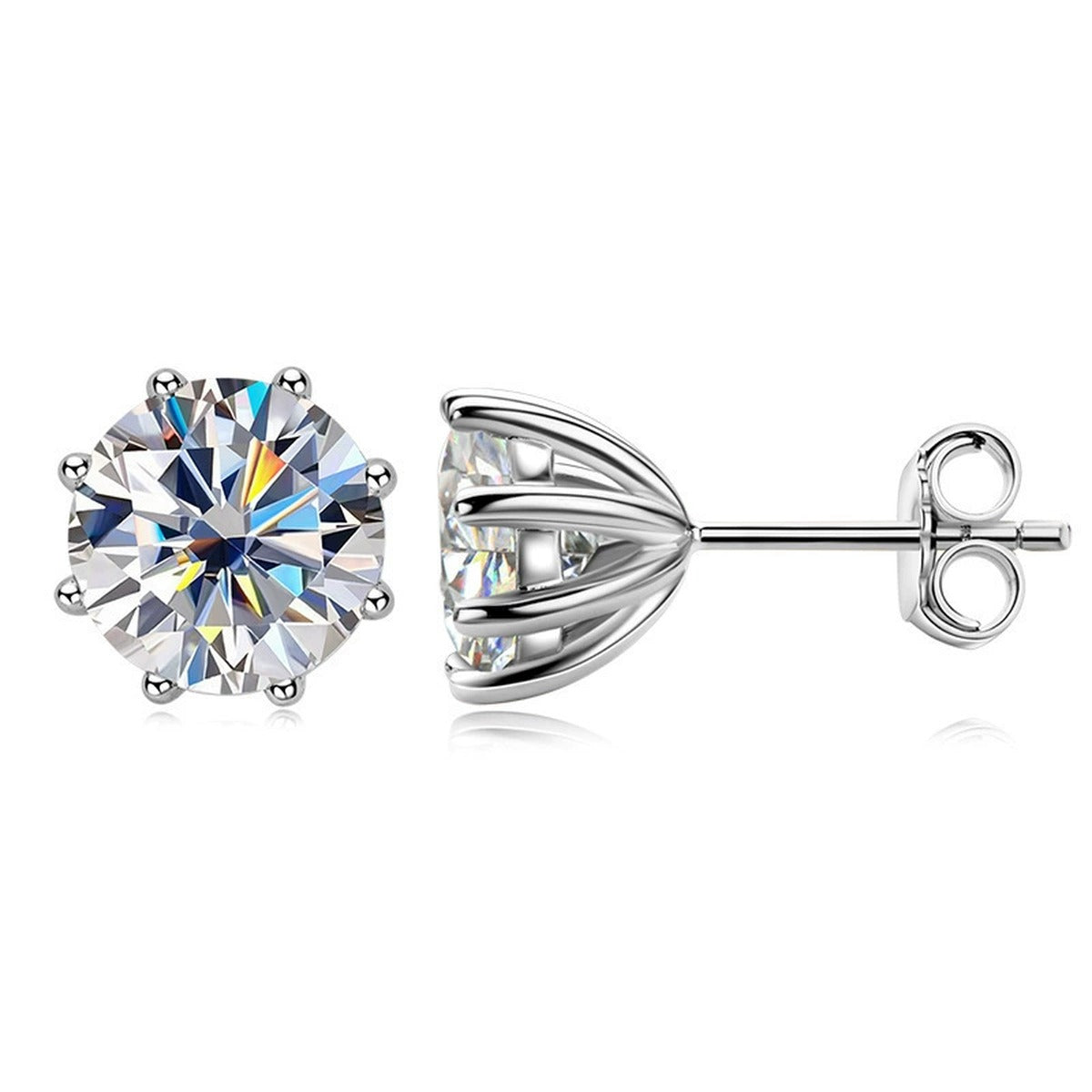 Eight-Prong Round Moissanite Solitaire Stud Earrings in Gold-Plated S925 sterling silver product scene view showing pair comparison