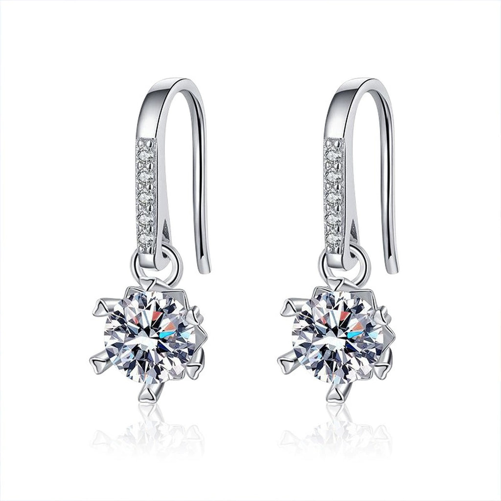 Snowflake Round Moissanite Hook Dangle Earrings with CZ in White Gold-Plated S925 sterling silver white background product photo showing the pair, stone shape, and hook dangle earrings silhouette