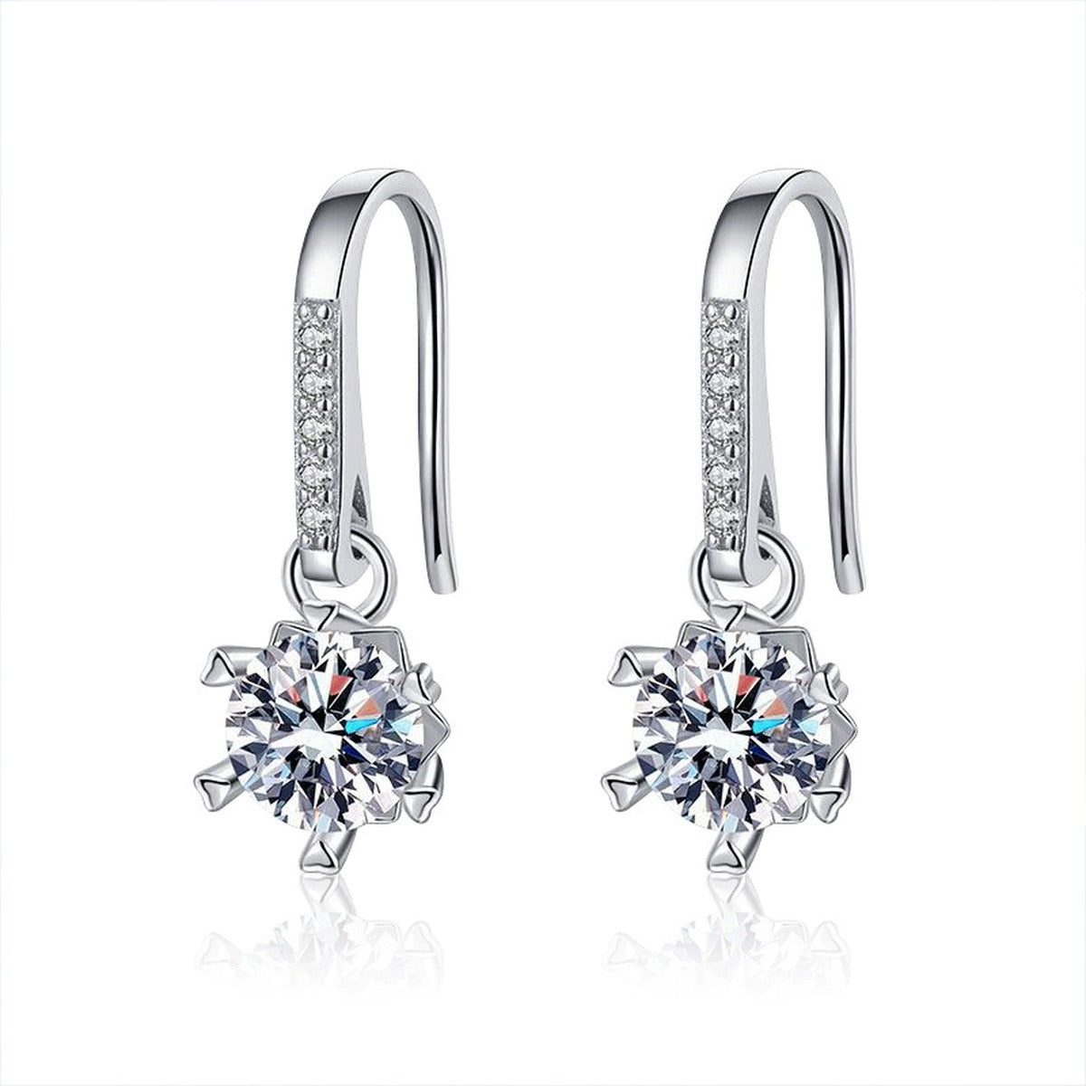 Snowflake Round Moissanite Hook Dangle Earrings with CZ in White Gold-Plated S925 sterling silver white background product photo showing the pair, stone shape, and hook dangle earrings silhouette