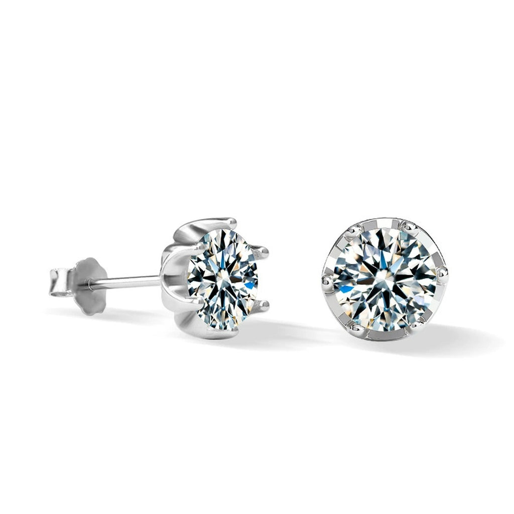Crown Six-Prong Round Moissanite Stud Earrings in Gold-Plated S925 sterling silver product scene view showing front sparkle