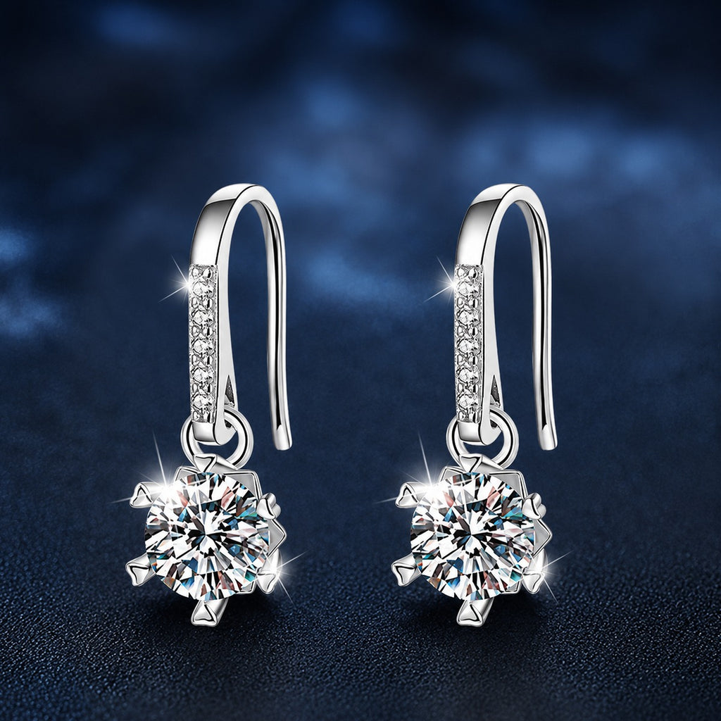 Snowflake Round Moissanite Hook Dangle Earrings with CZ in White Gold-Plated S925 sterling silver product scene view showing front sparkle