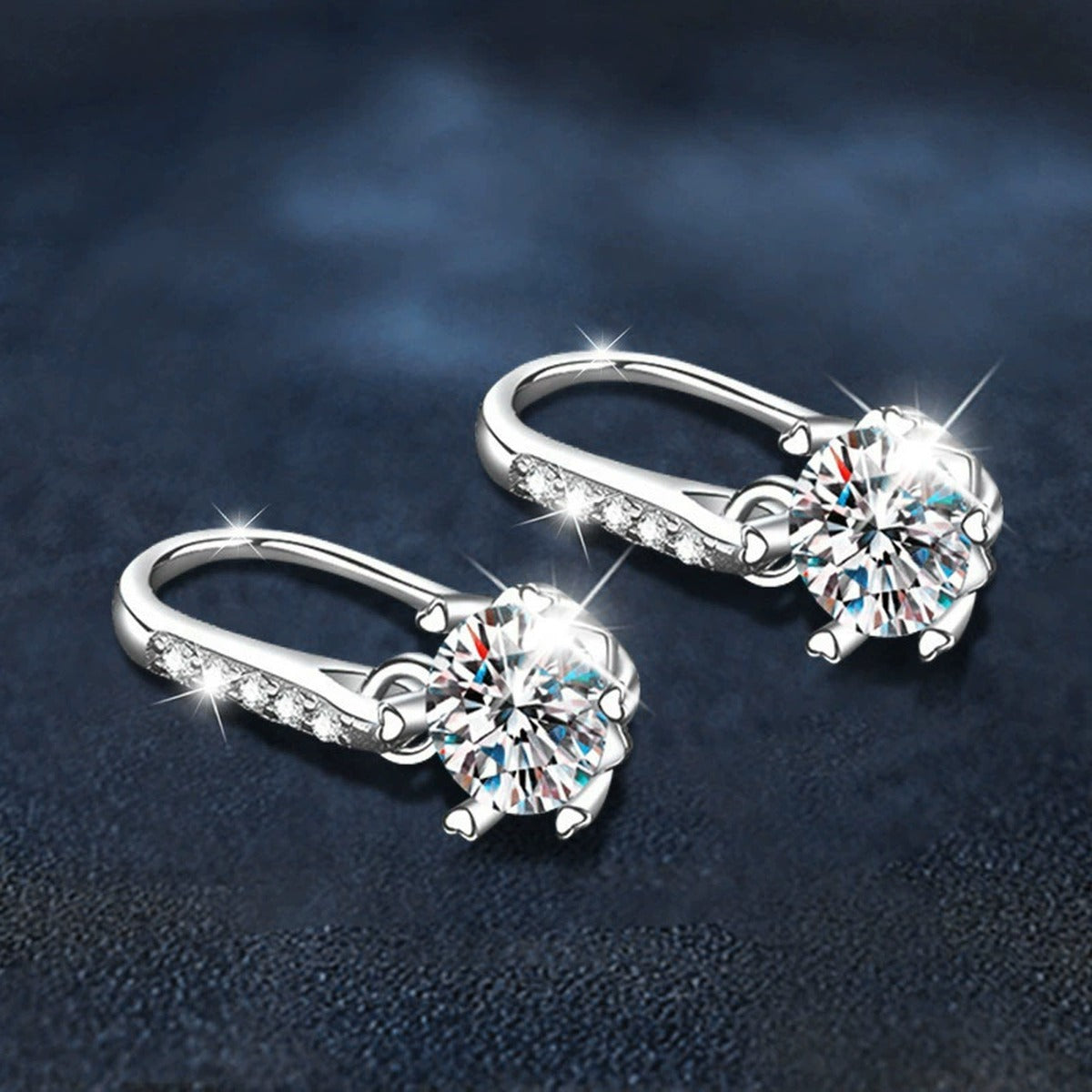 Snowflake Round Moissanite Hook Dangle Earrings with CZ in White Gold-Plated S925 sterling silver product scene view showing angled setting detail