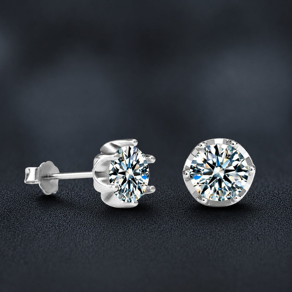 Crown Six-Prong Round Moissanite Stud Earrings in Gold-Plated S925 sterling silver product scene view showing side profile