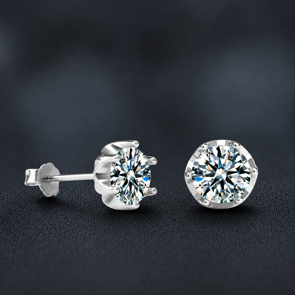 Crown Six-Prong Round Moissanite Stud Earrings in Gold-Plated S925 sterling silver product scene view showing side profile