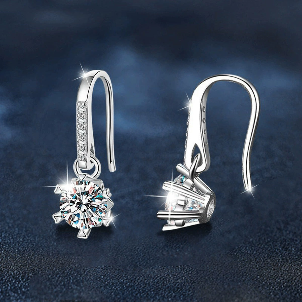 Snowflake Round Moissanite Hook Dangle Earrings with CZ in White Gold-Plated S925 sterling silver product scene view showing side profile