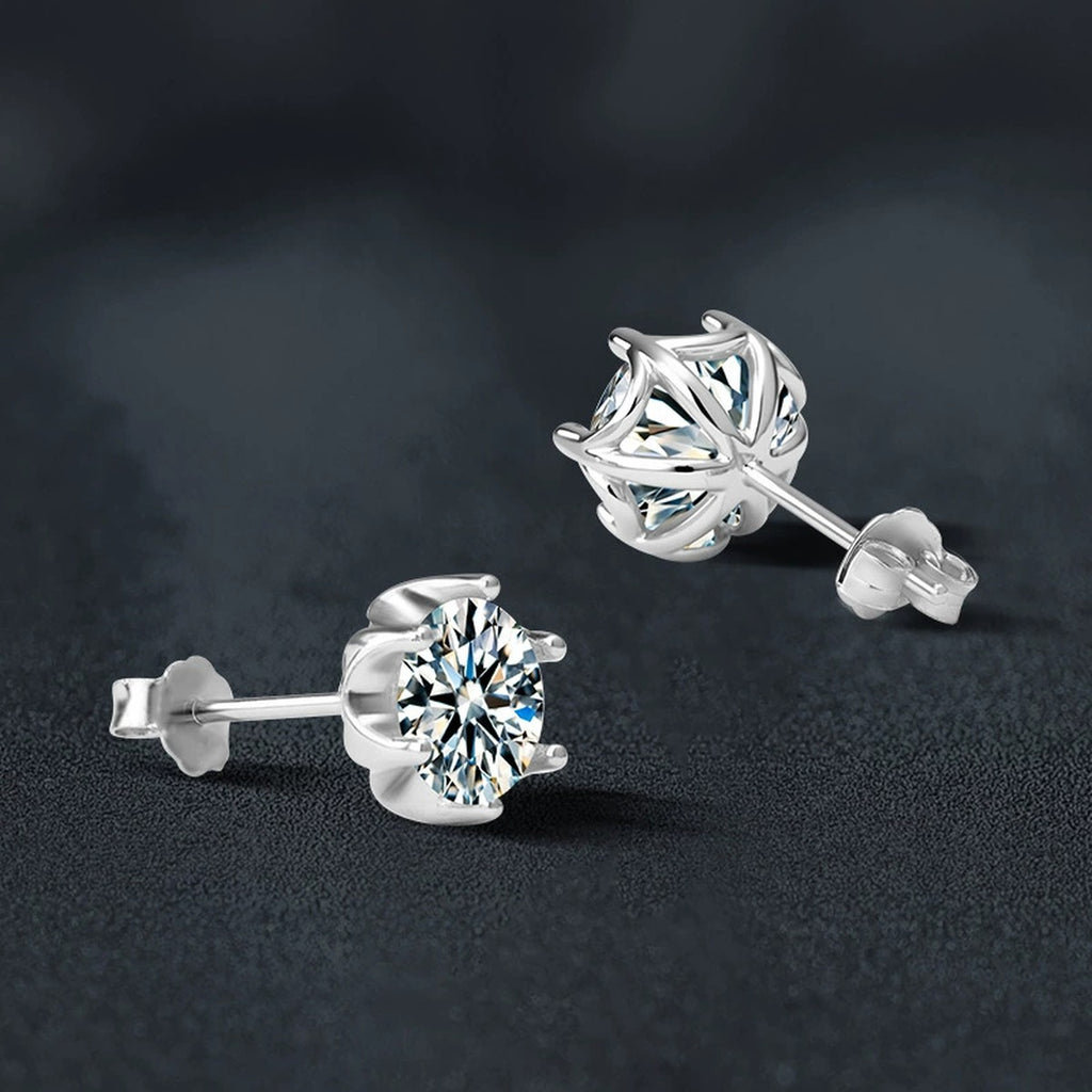 Crown Six-Prong Round Moissanite Stud Earrings in Gold-Plated S925 sterling silver product scene view showing pair comparison