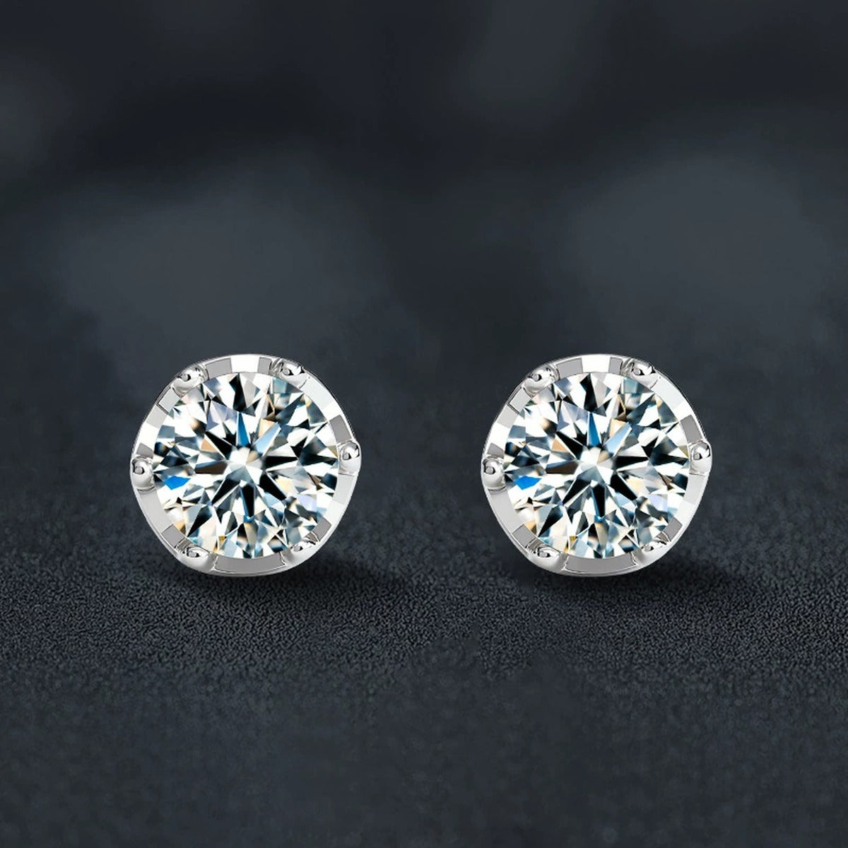 Crown Six-Prong Round Moissanite Stud Earrings in Gold-Plated S925 sterling silver product scene view showing pair comparison