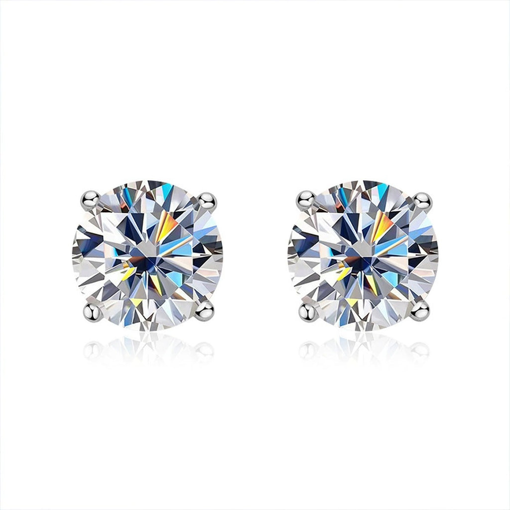 Four-Prong Round Moissanite Stud Earrings in White Gold-Plated S925 sterling silver white background product photo showing the pair, stone shape, and stud earrings silhouette