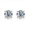 Four-Prong Round Moissanite Stud Earrings in White Gold-Plated S925 sterling silver white background product photo showing the pair, stone shape, and stud earrings silhouette
