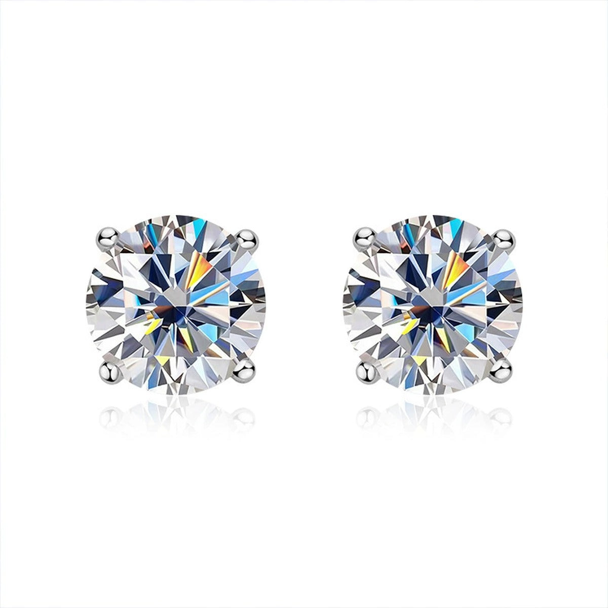 Four-Prong Round Moissanite Stud Earrings in White Gold-Plated S925 sterling silver white background product photo showing the pair, stone shape, and stud earrings silhouette