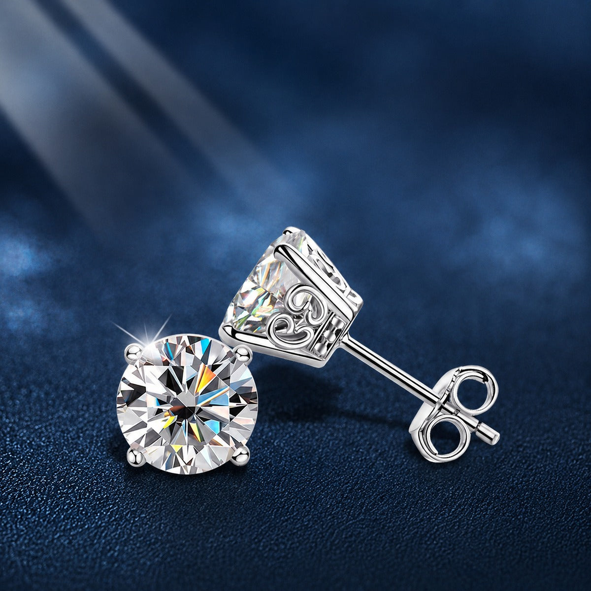 Four-Prong Round Moissanite Stud Earrings in White Gold-Plated S925 sterling silver product scene view showing front sparkle