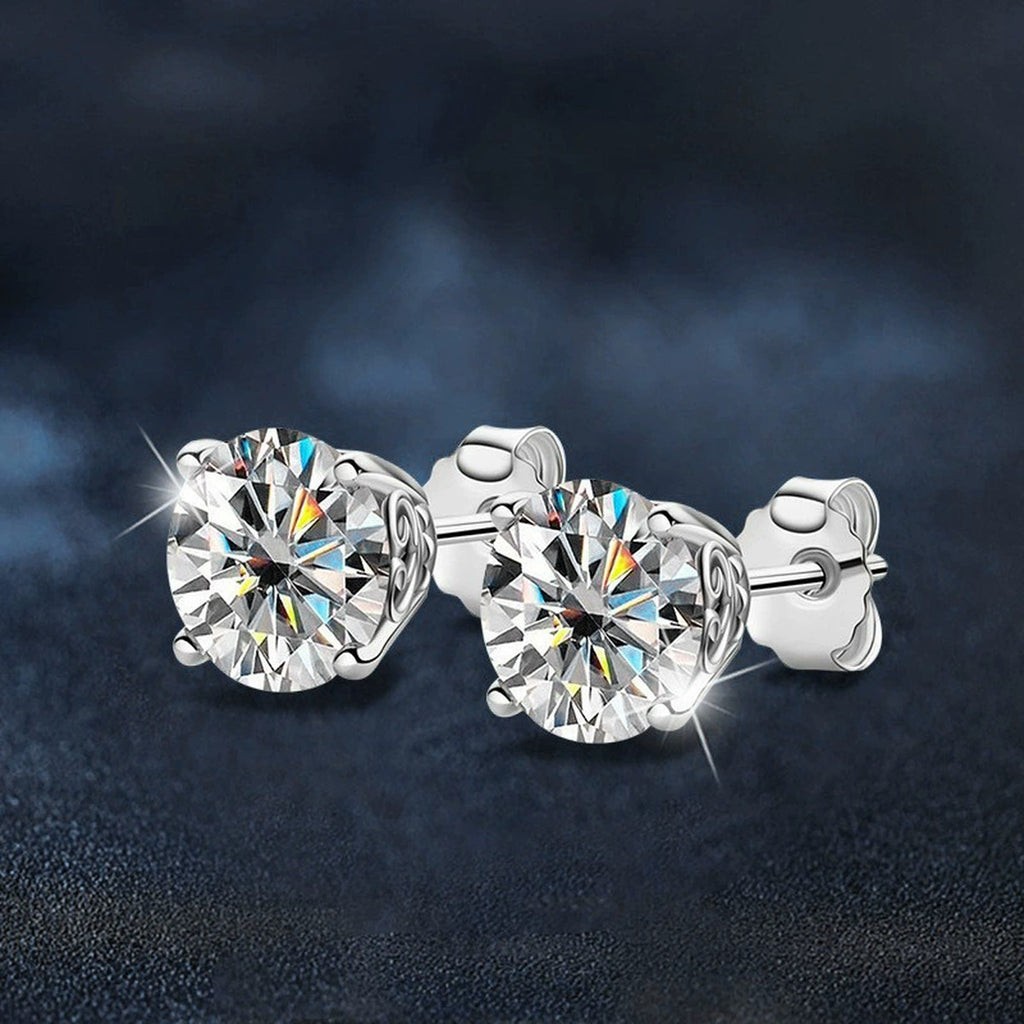 Four-Prong Round Moissanite Stud Earrings in White Gold-Plated S925 sterling silver product scene view showing angled setting detail