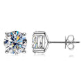 Four-Prong Round Moissanite Stud Earrings in White Gold-Plated S925 sterling silver white background product photo showing the pair, stone shape, and stud earrings silhouette