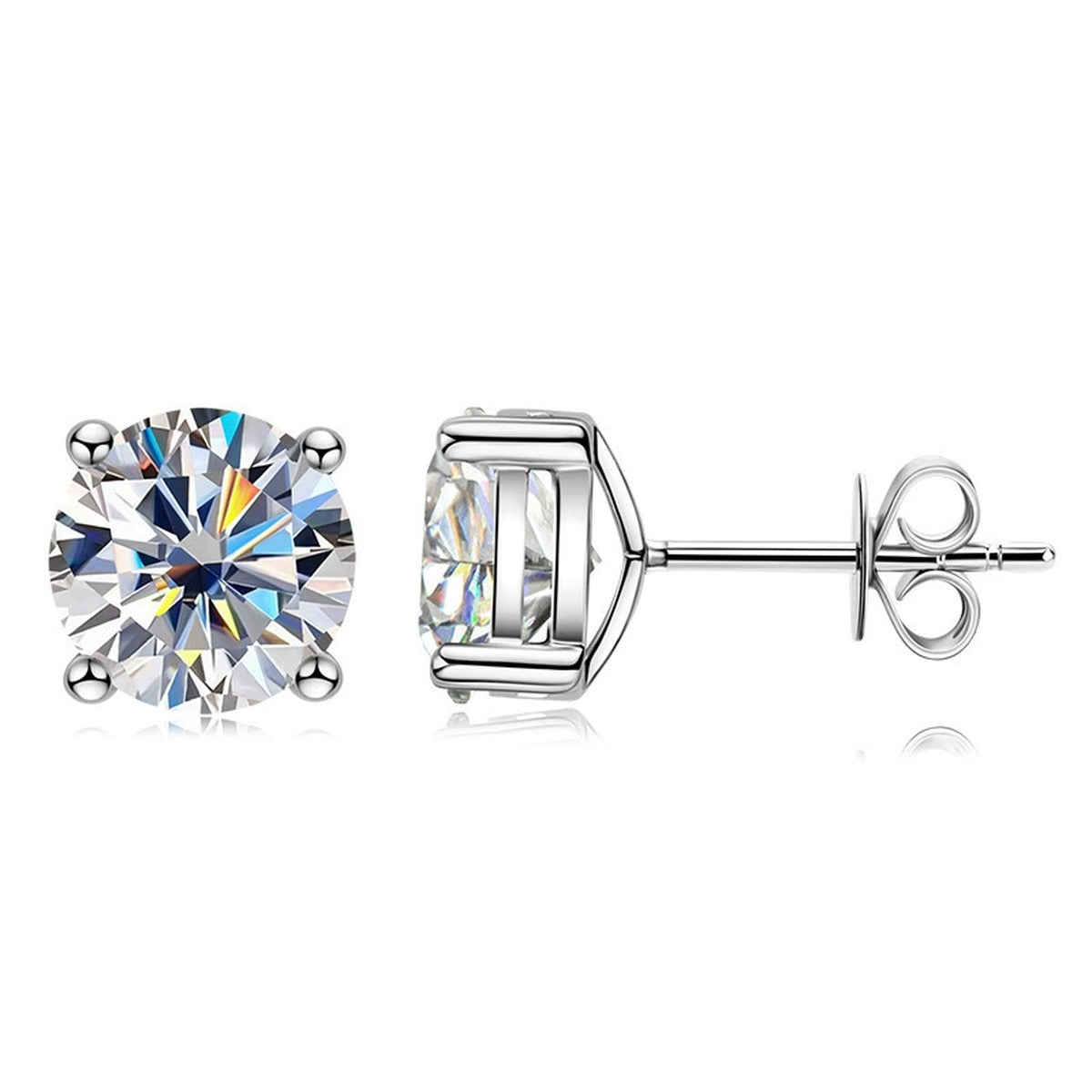 Four-Prong Round Moissanite Stud Earrings in White Gold-Plated S925 sterling silver white background product photo showing the pair, stone shape, and stud earrings silhouette