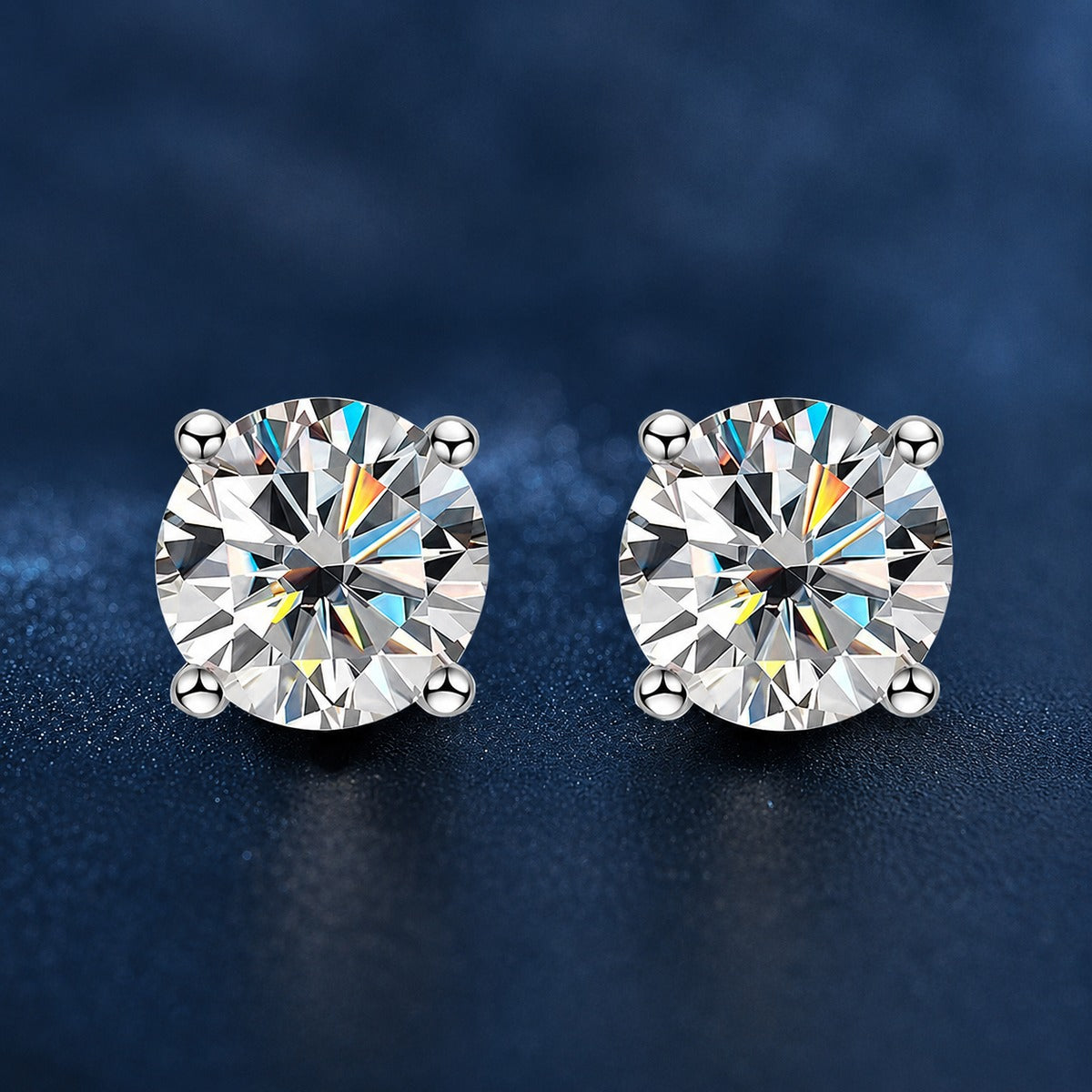 Four-Prong Round Moissanite Stud Earrings in White Gold-Plated S925 sterling silver product scene view showing front sparkle