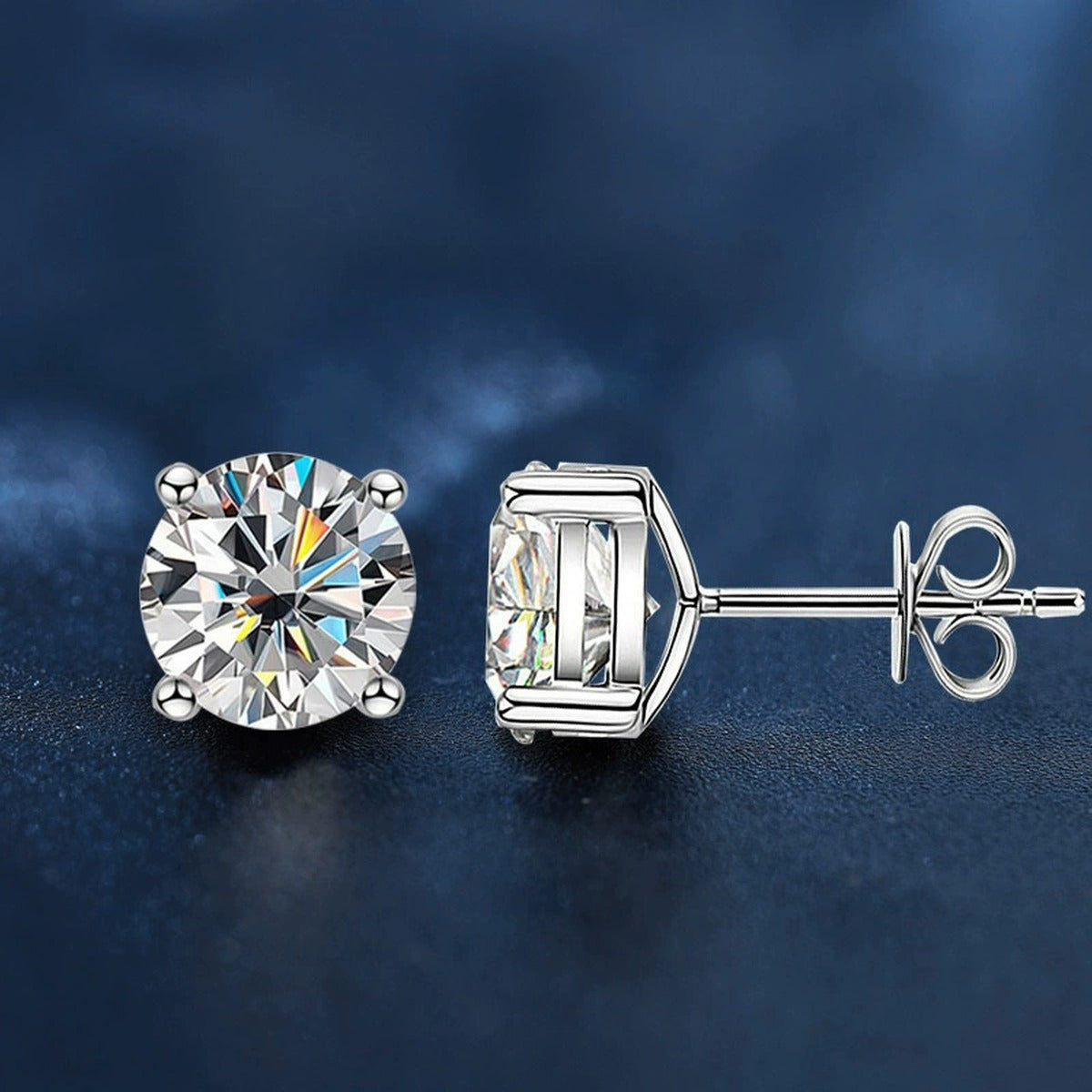 Four-Prong Round Moissanite Stud Earrings in White Gold-Plated S925 sterling silver product scene view showing angled setting detail