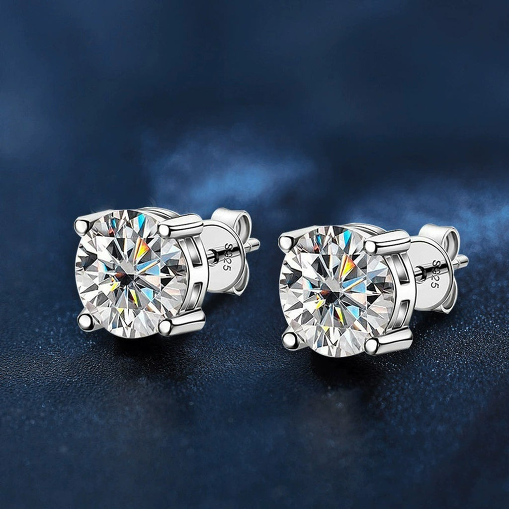 Four-Prong Round Moissanite Stud Earrings in White Gold-Plated S925 sterling silver product scene view showing side profile