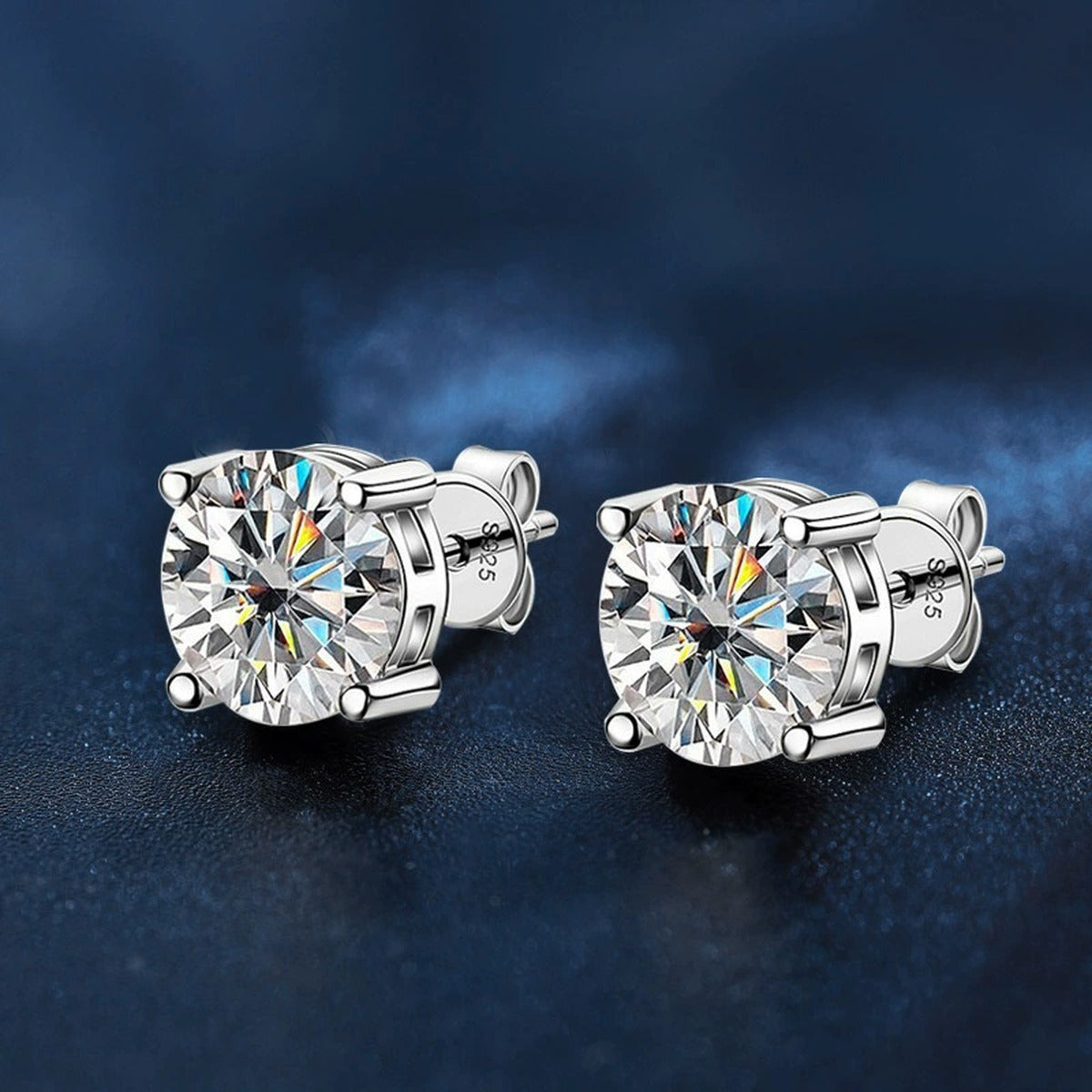 Four-Prong Round Moissanite Stud Earrings in White Gold-Plated S925 sterling silver product scene view showing side profile