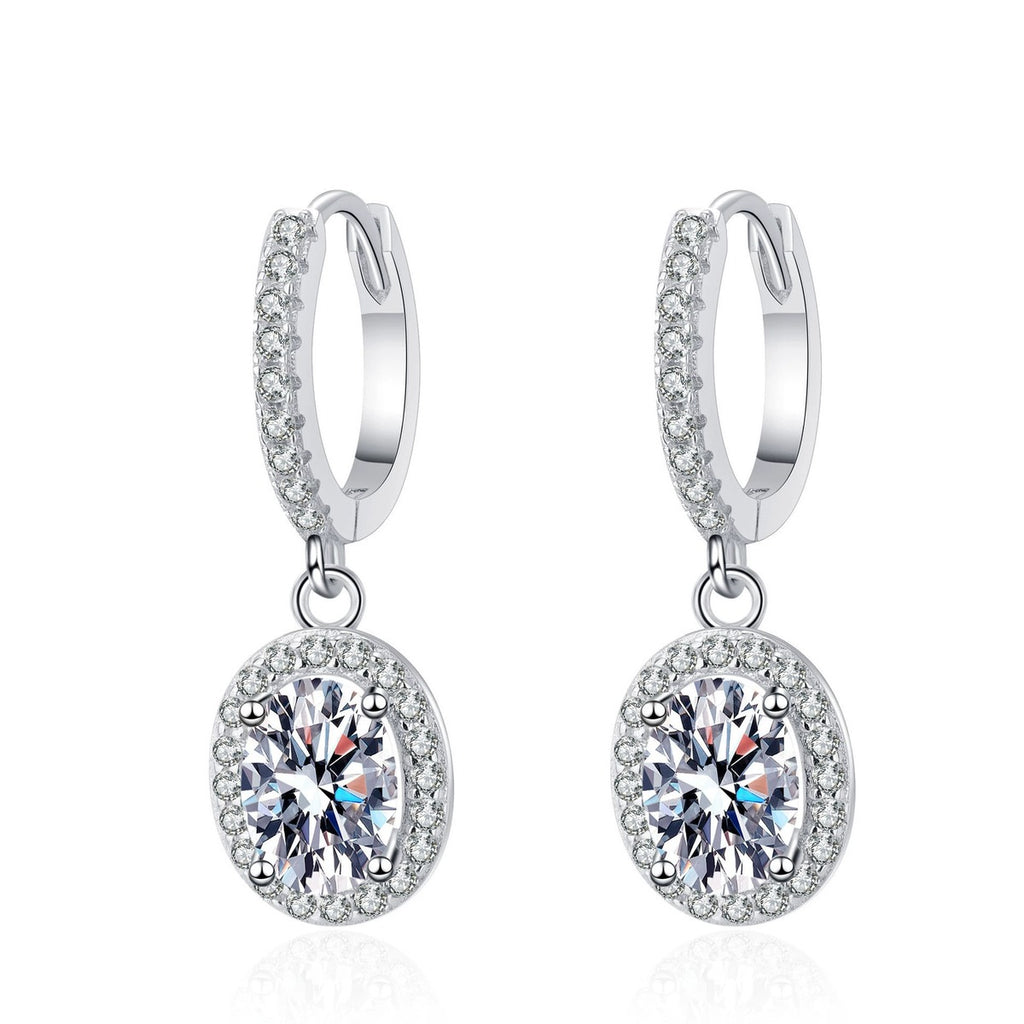 Oval Halo Moissanite Hoop Dangle Earrings with CZ in White Gold-Plated S925 sterling silver white background product photo showing the pair, stone shape, and hoop dangle earrings silhouette