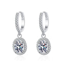 Oval Halo Moissanite Hoop Dangle Earrings with CZ in White Gold-Plated S925 sterling silver white background product photo showing the pair, stone shape, and hoop dangle earrings silhouette