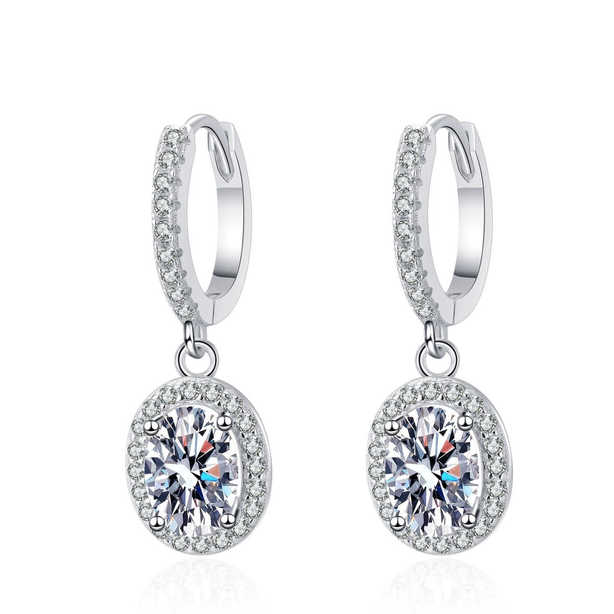Oval Halo Moissanite Hoop Dangle Earrings with CZ in White Gold-Plated S925 sterling silver white background product photo showing the pair, stone shape, and hoop dangle earrings silhouette