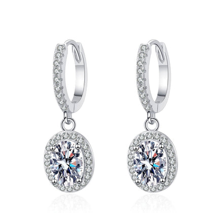 Oval Halo Moissanite Hoop Dangle Earrings with CZ in White Gold-Plated S925 sterling silver white background product photo showing the pair, stone shape, and hoop dangle earrings silhouette