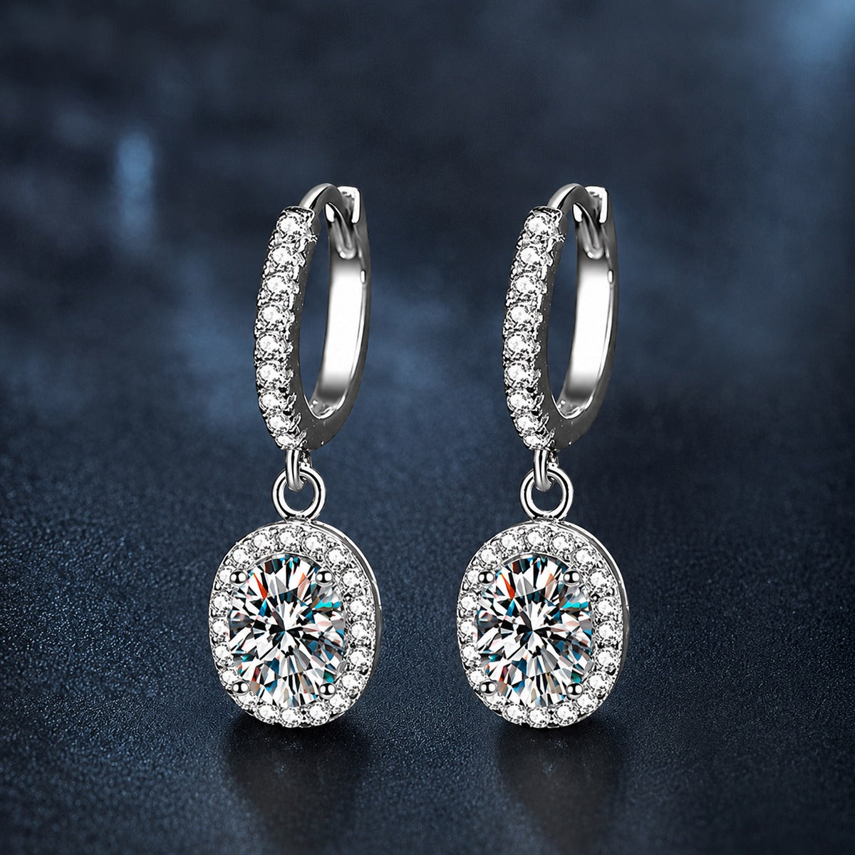 Oval Halo Moissanite Hoop Dangle Earrings with CZ in White Gold-Plated S925 sterling silver product scene view showing front sparkle
