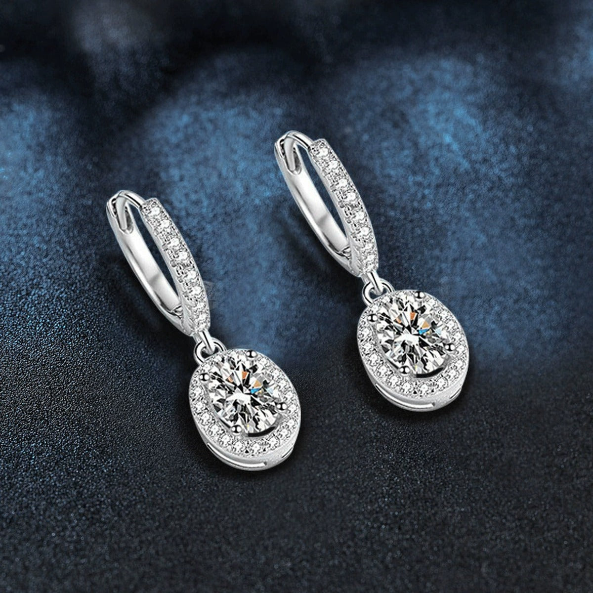 Oval Halo Moissanite Hoop Dangle Earrings with CZ in White Gold-Plated S925 sterling silver product scene view showing side profile