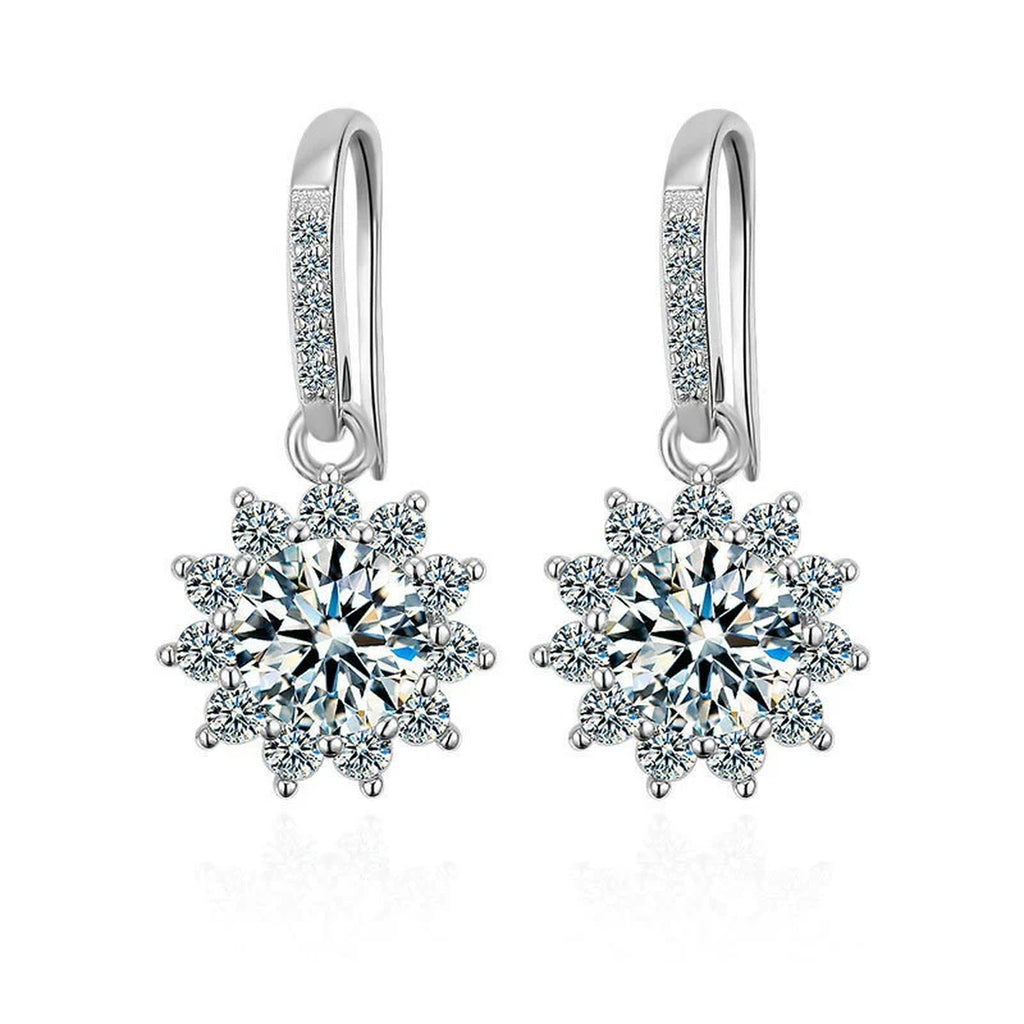 Floral Halo Round Moissanite Hook Dangle Earrings with CZ in White Gold-Plated S925 sterling silver white background product photo showing the pair, stone shape, and hook dangle earrings silhouette