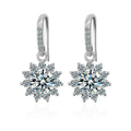 Floral Halo Round Moissanite Hook Dangle Earrings with CZ in White Gold-Plated S925 sterling silver white background product photo showing the pair, stone shape, and hook dangle earrings silhouette