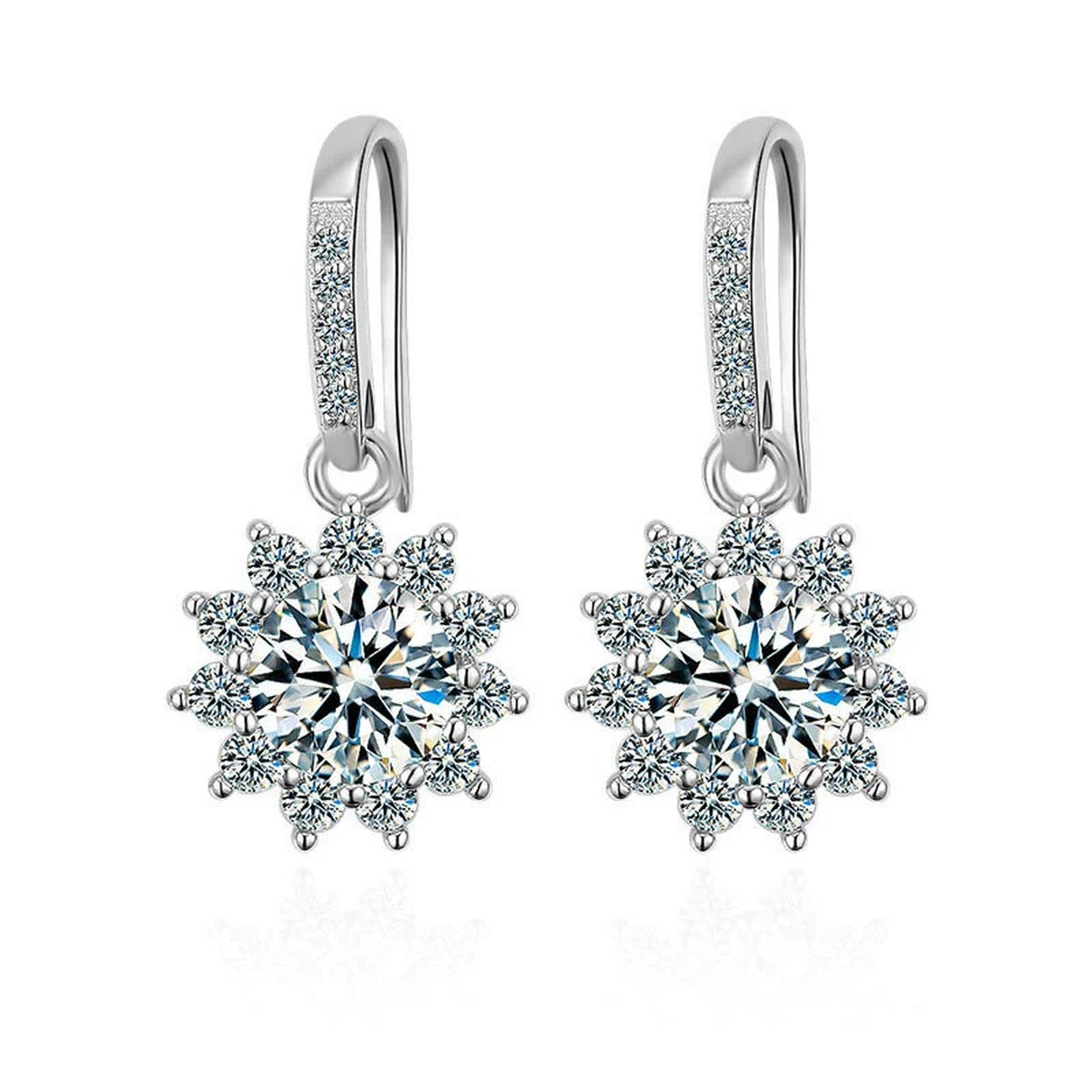 Floral Halo Round Moissanite Hook Dangle Earrings with CZ in White Gold-Plated S925 sterling silver white background product photo showing the pair, stone shape, and hook dangle earrings silhouette