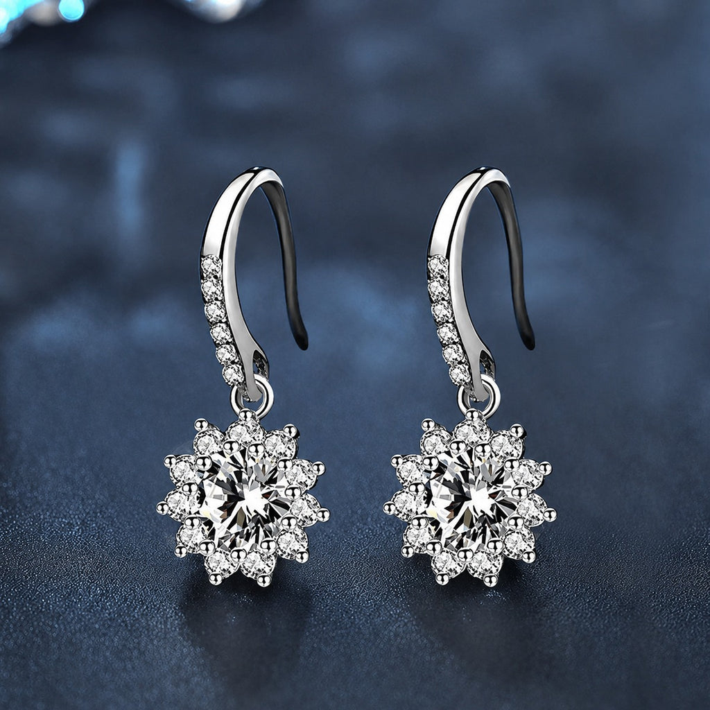 Floral Halo Round Moissanite Hook Dangle Earrings with CZ in White Gold-Plated S925 sterling silver product scene view showing front sparkle