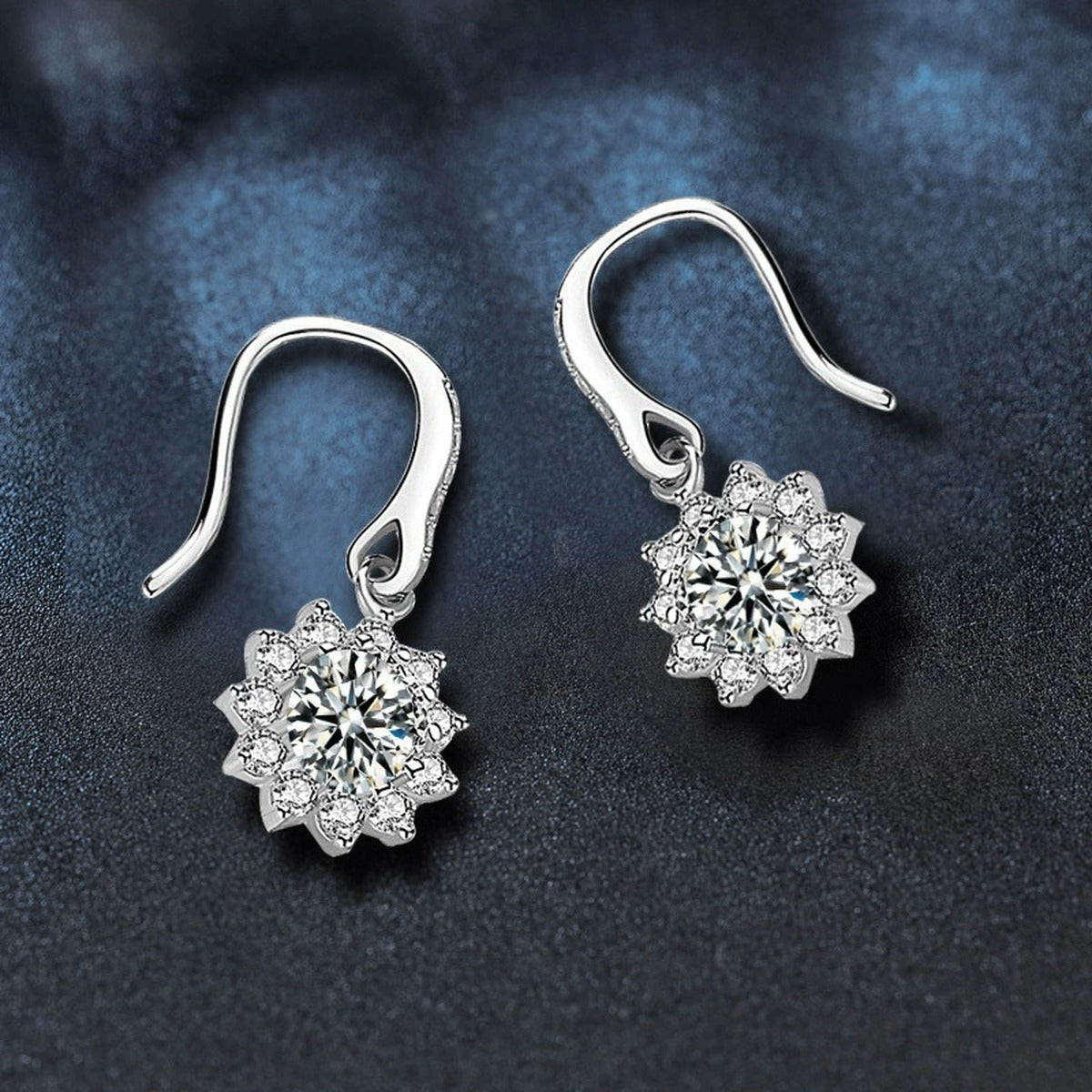 Floral Halo Round Moissanite Hook Dangle Earrings with CZ in White Gold-Plated S925 sterling silver product scene view showing angled setting detail