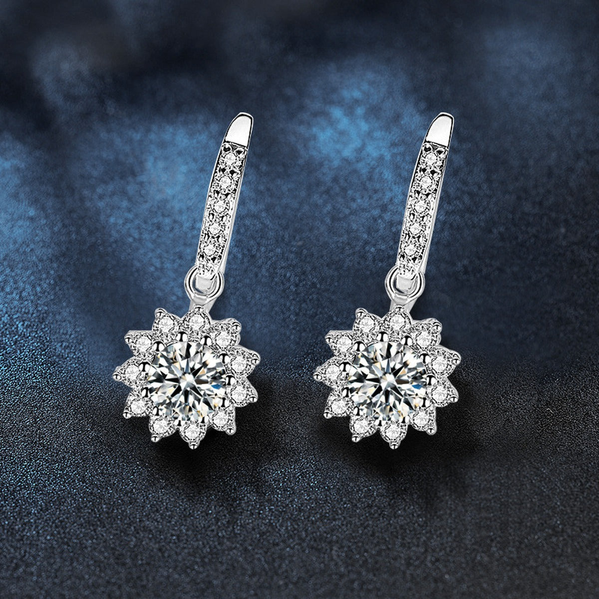 Floral Halo Round Moissanite Hook Dangle Earrings with CZ in White Gold-Plated S925 sterling silver product scene view showing side profile